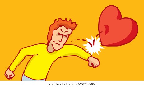 Cartoon illustration of angry man punching love away