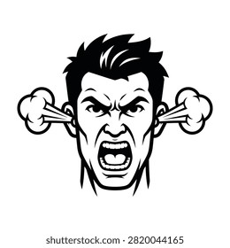 Cartoon illustration of an angry man shouting with fists in ears. Expressing frustration, rage, and stress. Suitable for concepts of anger, noise, and emotional outbursts.