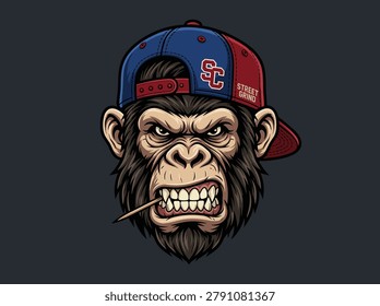 Cartoon illustration of an angry monkey wearing a baseball cap, displaying teeth and holding a toothpick.