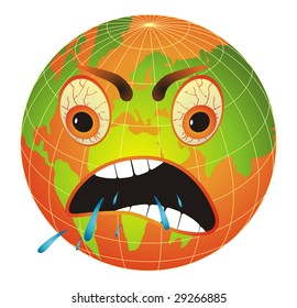 Cartoon illustration with angry planet depicting global warming.