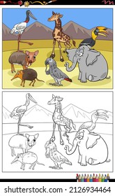 Cartoon illustration of animal characters group coloring book page