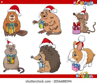 Cartoon illustration of animal characters on Christmas time set