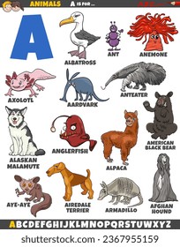 Cartoon illustration of animal characters set for letter A