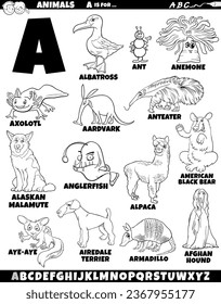 Cartoon illustration of animal characters set for letter A coloring page