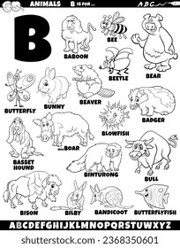 Cartoon illustration of animal characters set for letter B coloring page svg