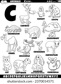 Cartoon illustration of animal characters set for letter C coloring page