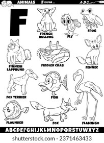 Cartoon illustration of animal characters set for letter F coloring page
