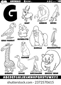 Cartoon illustration of animal characters set for letter G coloring page