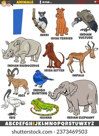 Cartoon illustration of animal characters set for letter I