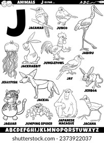 Cartoon illustration of animal characters set for letter J coloring page