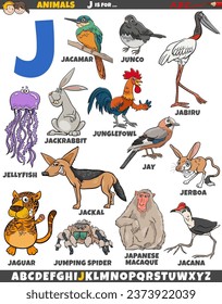 Cartoon illustration of animal characters set for letter J