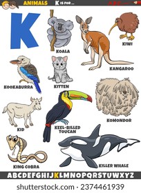 Cartoon illustration of animal characters set for letter K