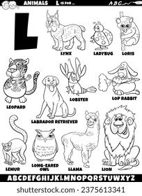 Cartoon illustration of animal characters set for letter L coloring page