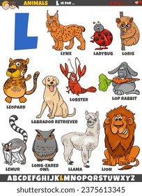 Cartoon illustration of animal characters set for letter L