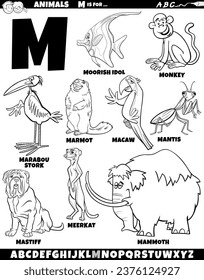 Cartoon illustration of animal characters set for letter M coloring page