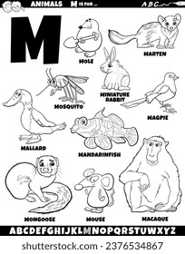 Cartoon illustration of animal characters set for letter M coloring page