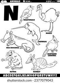 Cartoon illustration of animal characters set for letter N coloring page