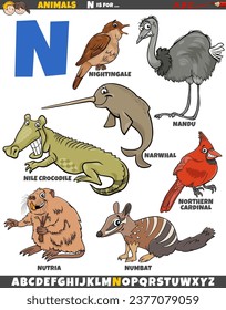 Cartoon illustration of animal characters set for letter N