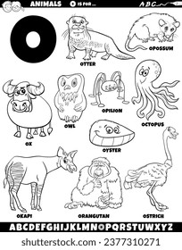 Cartoon illustration of animal characters set for letter O coloring page