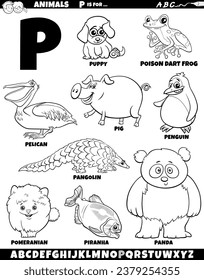 Cartoon illustration of animal characters set for letter P coloring page