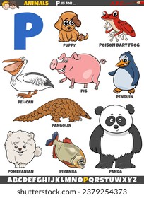 Cartoon illustration of animal characters set for letter P