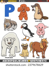 Cartoon illustration of animal characters set for letter P