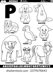 Cartoon illustration of animal characters set for letter P coloring page