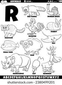 Cartoon illustration of animal characters set for letter R coloring page