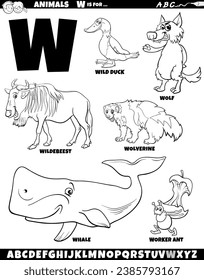 Cartoon illustration of animal characters set for letter W coloring page