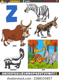Cartoon illustration of animal characters set for letter Z