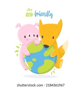 Cartoon illustration of an animal pig and fox with earth in support of ecology. save the planet for design, books, print, design, poster, greeting card, postcard