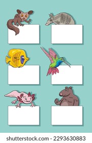 Cartoon illustration of animals with blank cards or banners design set