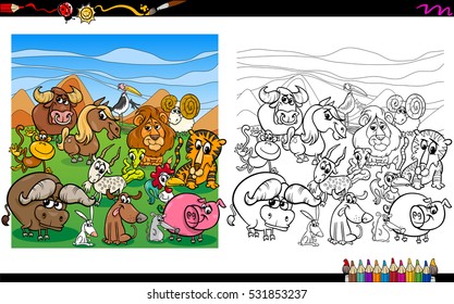 Cartoon Illustration of Animals Group Coloring Book Activity