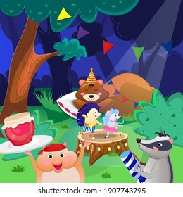 Cartoon illustration with animals including bear, hedgehog, mouse, hamster and badger celebrating birthday. Vector illustration.