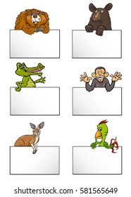 Cartoon Illustration of Animals with White Greeting or Business Card Design Set