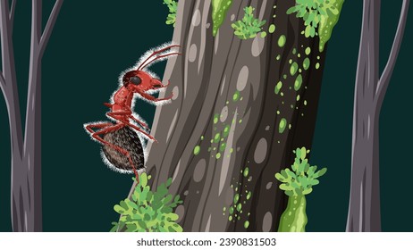 A cartoon illustration of an ant carrying fungi while walking on a tree