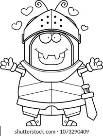 A cartoon illustration of an ant knight ready to give a hug.