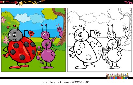 Ilustración de la caricatura de la página del libro de colorear del grupo de insectos hormigueros y ladybug