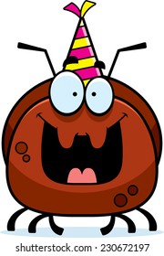 A cartoon illustration of an ant with a party hat looking happy.