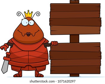 A cartoon illustration of an ant queen in armor with a wooden sign.