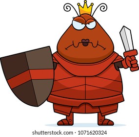 A cartoon illustration of an ant queen in armor looking angry.