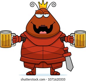 A cartoon illustration of an ant queen in armor looking drunk.