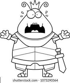 A cartoon illustration of an ant queen in armor looking scared.