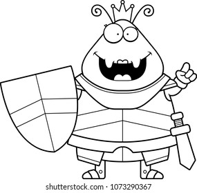 A cartoon illustration of an ant queen in armor with an idea.