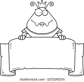 A cartoon illustration of an ant queen in armor with a banner.