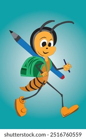 Cartoon illustration of an ant rushing to school, a symbol of high enthusiasm for learning, good for motivational images in the world of education.