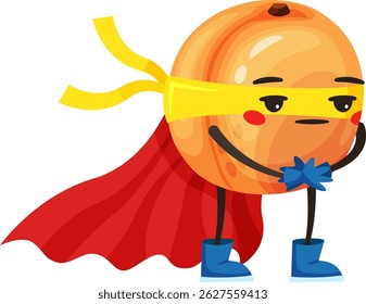 Cartoon illustration of an anthropomorphic apricot wearing a superhero costume including a mask, a cape and gloves, standing with its hands clasped