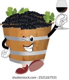 Cartoon illustration of an anthropomorphic wooden wine barrel holding a glass of red wine and winking