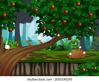 Cartoon illustration of ants colony on the apple tree