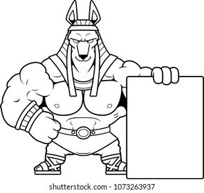 A cartoon illustration of Anubis with a sign.